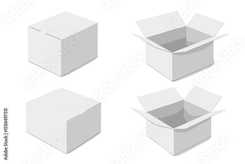 Set of Four Realistic White Cardboard Boxes Vector Illustration, Closed and Open Packaging Mockup, Isolated on Transparent Background, Shipping, Storage, Moving, Blank Carton Template, 3D Perspective