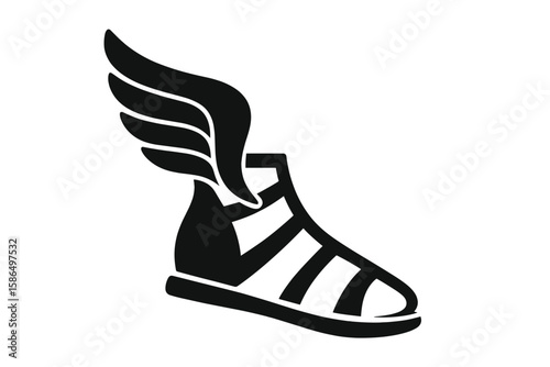 Mythological Winged Sandal Icon, Fantasy Hermes Shoe Silhouette, Greek God Messenger Symbol, Black Vector Illustration, Transparent Background, Speed, Flight, Ancient Myth, Legendary Footwear