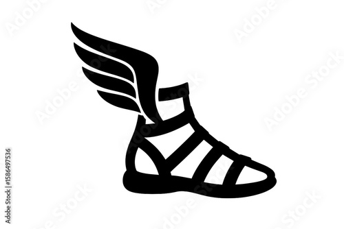 Mythological Winged Sandal Icon, Fantasy Footwear Silhouette, Hermes Mercury Symbol, Ancient Greek Roman God Shoe, Speed Flight Concept, Black Vector Isolated, Transparent Background Illustration