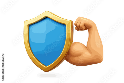 Powerful protection concept with 3D shield and strong muscular bicep arm. Security, safety, and defense icon. Immune system strength metaphor. Vector illustration isolated.