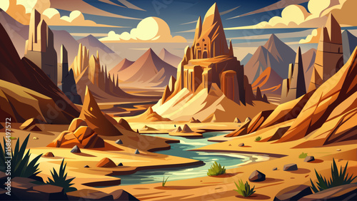 Hingol National Park, Balochistan, Pakistan – Dramatic rock formations and dry riverbeds define this ancient desert landscape. Temple-like mountains stand silent under a vast sky, ideal for rugged vec