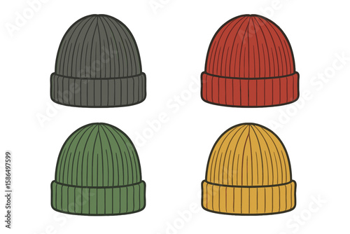 Set of Four Colorful Wool Beanie Hats Vector Illustration, Knitted Winter Caps Collection, Cozy Warm Accessories, Fashionable Headwear, Isolated on Transparent Background
