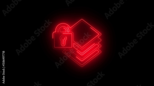 Red neon padlock icon over layered documents security