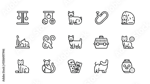 Black and white line art icons of cats and pet supplies