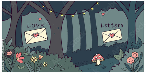 Secret Love Letter Hidden Among Trees in a Fairy-Tale Forest Setting with Lanterns