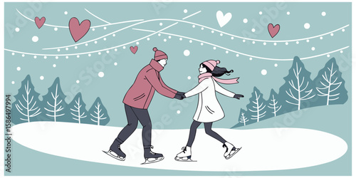 Adorable Couple Holding Hands Under Winter Stars and Lights in a Romantic Evening Walk