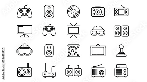 Black and white line art icons of electronic devices and gaming equipment 1