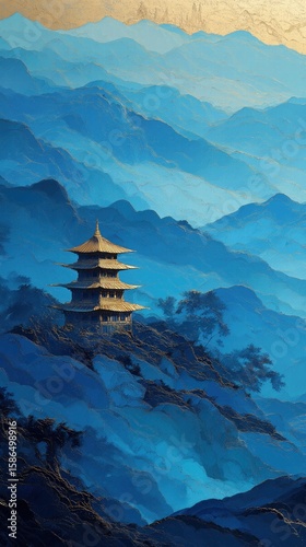 A Serene Summit Retreat: A Stunning Pagoda Nestled Among Misty Blue Mountains and Lush Forests Capturing Tranquility and Natural Beauty