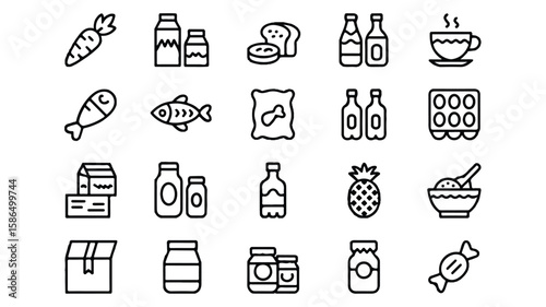 Black and white line art icons of food and drink items 1