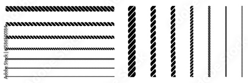 Straight ropes collection. Nautical rope silhouette set. Vector illustration isolated on white.