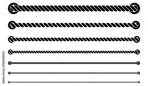 Straight ropes collection. Nautical rope silhouette set. Vector illustration isolated on white.