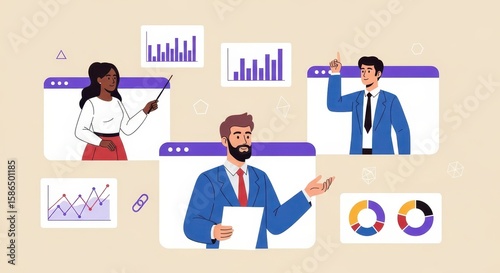 Flat illustration of a virtual business meeting where a diverse team discusses analytics and charts via online platforms