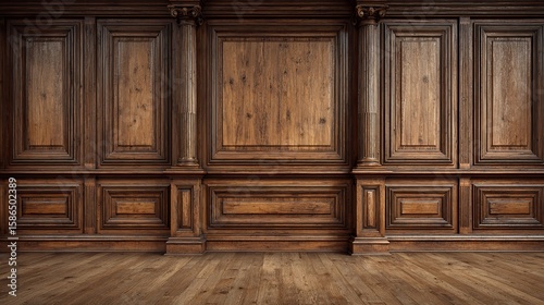 Exquisite dark wood paneling with classical pillars offers a historic and luxurious architectural background and design.