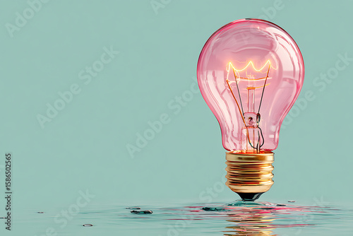 Pastel Pink Lightbulb on Mint Green Background with Soft Shadow Below