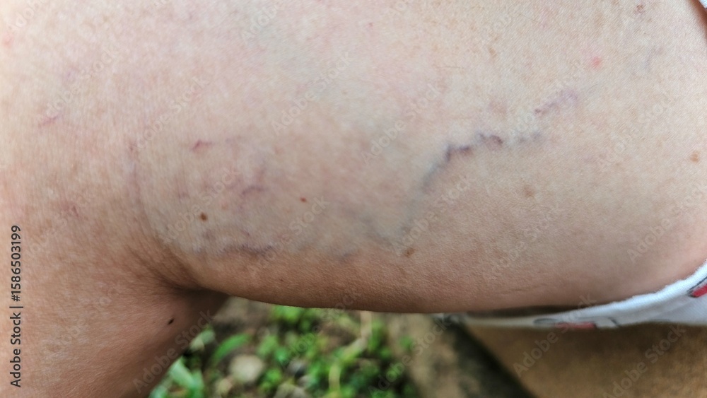 Fototapeta premium Close-up of skin showing spider veins, small, visible blood vessels near the surface. These appear as fine lines or web-like patterns, often bluish or reddish in color.