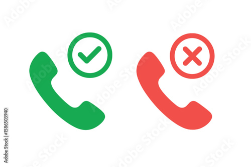 Accept and decline call icon set for mobile app and web UI. Green answer button with checkmark and red reject button with cross. Vector illustration for phone interface.