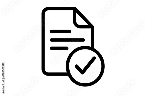 Approved document icon with check mark. File verification confirmation. Agreement, contract accepted. Task completed, job done. Report validation. Form certified. Compliance check.