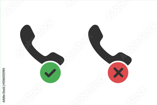 Accept and decline call vector icon set. Phone symbol for mobile app UI. Answer and reject button with green checkmark and red cross. Incoming call sign illustration.