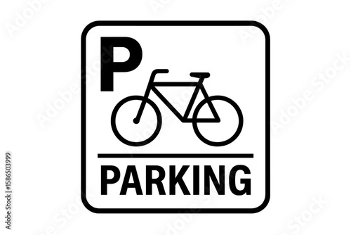 Bicycle parking sign vector illustration. Black and white icon for bike racks and designated cycling areas. Public transport and city safety symbol. Modern printable graphic.