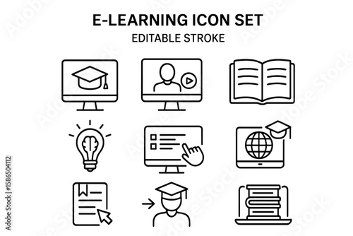 E-learning and online education editable stroke line icon set. Symbols for distance learning, webinar, digital course, online university, graduation, knowledge, and study.