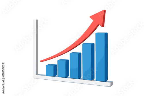 Business success and financial growth concept. 3D bar chart with an upward arrow. Data analytics for profit reporting, marketing strategy, investment progress, and stocks.