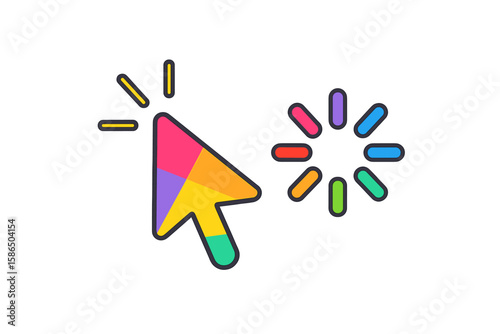 Colorful mouse cursor, click and loading icon for computer, mobile app, animation, or UI design. Mouse pointer vector illustration. Wait symbol and progress spinner.