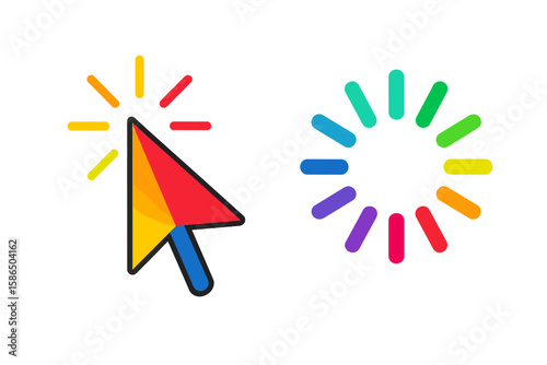 Colorful mouse cursor pointer and loading wheel icon set. Vector illustration for UI UX web design. Click, wait, and progress symbol for computer or mobile app animation.