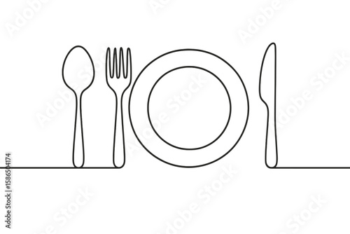 Continuous one line drawing of spoon, fork, knife and plate. Minimalist tableware set vector illustration. Restaurant menu, kitchen utensils, cutlery symbol for food concept.