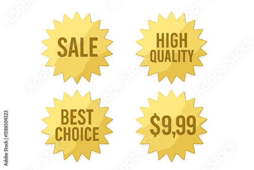 Golden sale sticker set. Retro starburst and sunburst badge collection for promotion and discount. Best choice, high quality, and price tag vector icons for e-commerce.