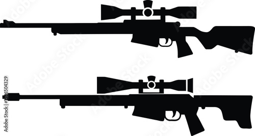 Sniper Rifle Silhouette Vector Set – Precision Scope Gun Clipart Illustration.