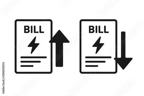 Electricity bill increase and decrease symbol. Set of power consumption cost icons. Utility payment charge up and down arrow. Energy price savings and expense concept vector.