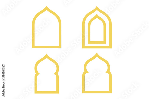 Set of golden Arabic arch window and door outlines. Islamic architecture elements for Ramadan Kareem and Eid Mubarak greetings. Vector symbols for Iftar party invitations.