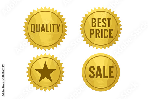 Golden badge set with starburst and sunburst shapes. Premium quality, best price, and sale stickers. Retro gold seal icons for promotion, awards, or guarantees. Vector illustration.