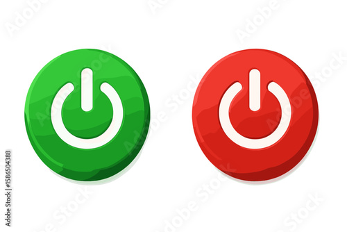 Power on and off button icon set. Green for start, red for stop. Realistic 3D vector symbol for web design, mobile app interface. Digital push switch sign on transparent background.