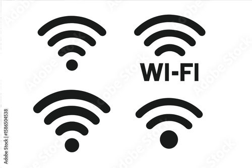 Black WiFi icons set. Wireless internet signal strength symbol. Flat vector graphic for web, mobile app design. Network connection, hotspot access point technology concept.