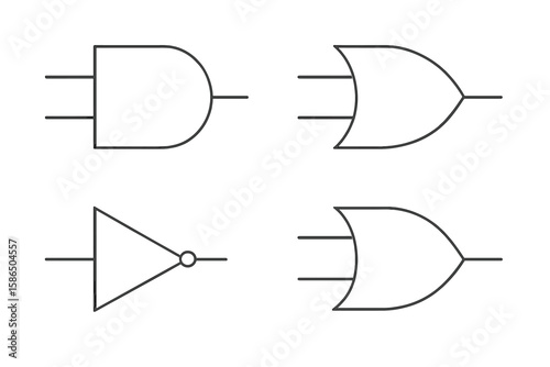 Logic Gates Digital Electronics Vector Set. AND, OR, XOR, NOT Gate Symbols. Circuit Diagram Elements. Technology and Science Concept. Transparent Background PNG. Icon Collection Illustration.