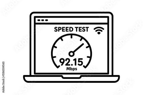 Internet speed test on laptop screen icon. Fast broadband connection concept. Wi-Fi signal strength meter. Measuring network performance with speedometer gauge. Vector line art.