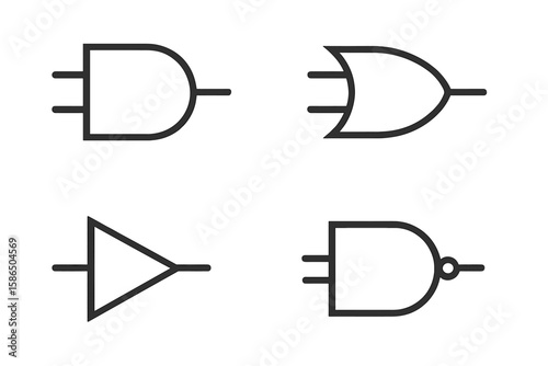 Vector Set of Logic Gate Digital Electronics Symbols. AND, OR, NOT, NAND Circuit Elements, Modern Minimal Outline Icon Collection. High-Resolution Transparent Background, Editable Vector Illustration