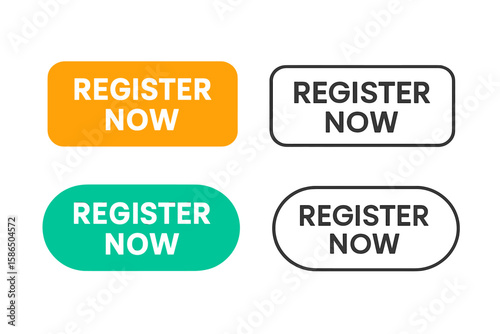 Register now button set for web design. Call to action UI element collection. Vector graphic for website and mobile app. Subscribe and registration icon pack in flat design.