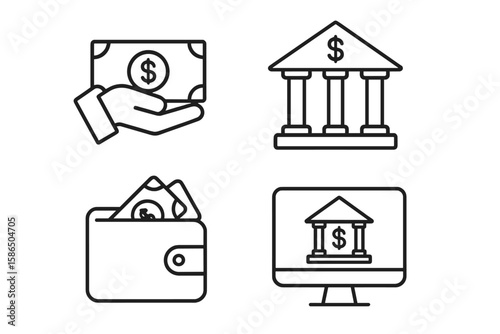 Bank and finance line icon set. Money and payment linear icon collection. Contains concepts like online banking, deposit, wallet, loan, investment, savings, and currency.