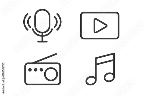 Set of 4 audio and video web icons in thin line style. Music, radio, podcast microphone, and video media player symbols for web design and mobile app interface. Vector.