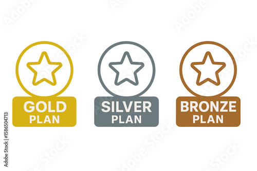 Gold, silver, bronze plan vector icon set. Membership subscription levels for website pricing table. Premium, standard, basic package button design. UI/UX element.