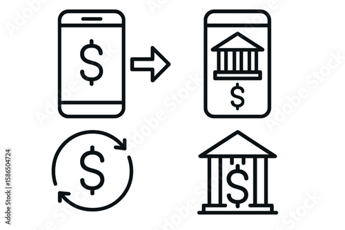 Mobile Money Transfer and Digital Banking Icons Set. Fintech Payment Symbols. Smartphone Transaction, Online Bank Exchange, Banking App Pictograms, Secure Finance Process, Wire Transfer Illustration