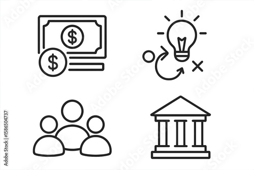 Business and finance web icons set in thin line style. Vector symbols for money, banking, teamwork, and strategic planning. Corporate management and payment concepts isolated.