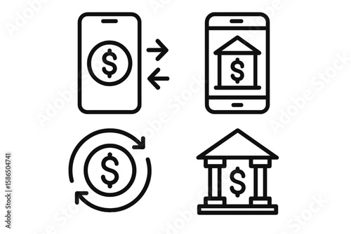 Mobile Money Transfer, Digital Banking Icon Set for Apps and Websites. Financial Technology, Payment Transaction, Bank Symbol, Secure Online Money Exchange. Vector, Transparent PNG