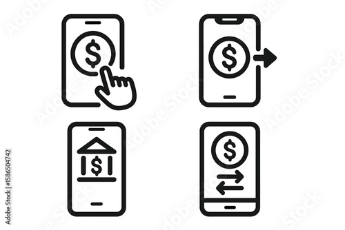 Modern Mobile Money Transfer, Digital Banking, Mobile Payment, and Online Finance App Icons—Financial Technology Vector Set, Secure Transaction Symbols for Smartphone UI & Web Design