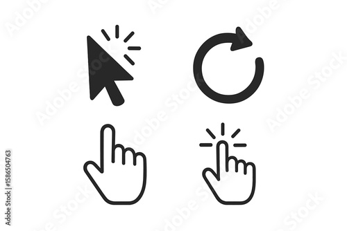 Modern Mouse Cursor Click Icons Set. Black Arrow Pointer, Hand Click, Loading Circular Arrow. UI, UX Web Design Elements. Vector Illustration for Computer, Mobile App, Animation Interface Concepts.