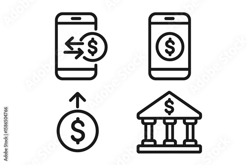 Mobile Banking and Digital Money Transfer Vector Icons Set. Smartphone Payment, Bank Transaction, Fintech App, Secure Online Deposit, Internet Banking Illustrated Symbols, Transparent Background