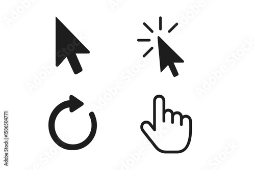 Black Mouse Cursor Vector Set. Computer Mouse Pointer, Click Arrow Icon, Loading Spinner and Hand Cursor Collection for UI Design, App Interface, Animation and Web Navigation Concepts.