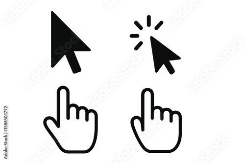 Black Mouse Cursor Icons Set. Clicking Pointer, Loading Arrow, Hand Cursor Collection. Computer Mouse Pointer for UI, Mobile App, Animation, Web Design. Vector Illustration Isolated on Transparent